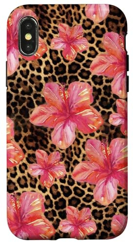 Cute Aesthetic Pink Hibiscus Pattern Leopard Print Girly Y2K Case for iPhone X/XS
