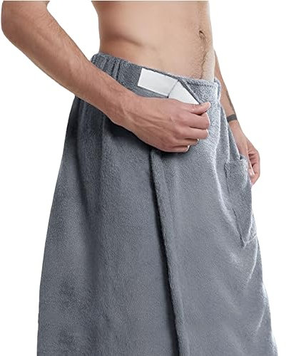 Saunakilt Herren, verstellbar Saunahandtuch Duschtuch mit Druckknöpfe, Große Schnelltrockend Saunatuch Saunarock Saunasarong, Frottee Kilt kurzer Schnitt, 70 x 140 cm (Grau mit Klettverschluss)