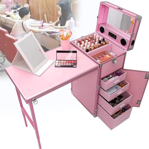 XCSCUK Rolling Manicure Table,Foldable Traveling Nail Desk,Lockable Makeup Train Case,For Makeup Salon Travel (Pink)
