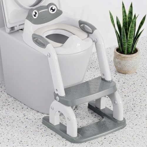 Sedile WC per bambini con scala, regolabile in altezza in 8 posizioni e pedana extra larga, antiscivolo, con sedile morbido e paraspruzzi, pieghevole, motivo rana