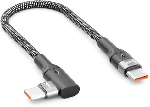 deleyCON 0,15m Câble USB‑C Court 100W - Angle Droit 90° - C vers C - Câble Coudé pour iPhone 17, 16, 15, Pro, Max, Air, Galaxy A16, A56, S25, S24, S23, Pixel, iPad Pro, MacBook, AirPods