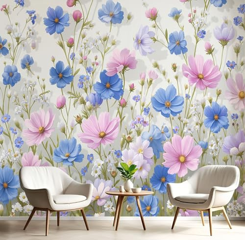 Fototapete 250x175cm Üppige Blumenwiese Seide Wandtapete Aquarell-Wildblumen Fototapeten XXL Moderne Wanddekoration UV-Beständig für Wohnzimmer Schlafzimmer, Blau