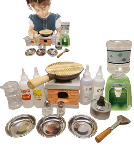Huxibai Authentisches Mini-Küchen-Set, echtes Küchenutensilien-Set und Werkzeuge, Mini-Kocher, Werkzeuge zum Kochen von echten Lebensmitteln mit Gewürzflaschen, für und Mädchen