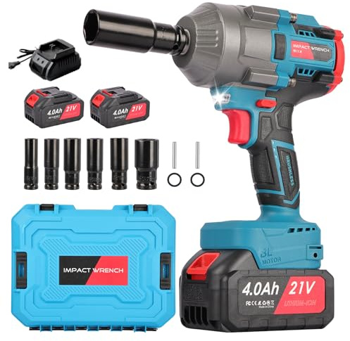 Nexalite Clé à Chocs sans Fil 1300 N.m: Visseuse à Chocs Brushless 21V avec 2 Batteries 4.0Ah, Boulonneuse Électrique Professionnelle avec 6 Douilles, pour Voiture Pneu Réparation