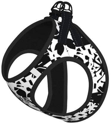 Hundeweste mit schwarz-weißem Muster, weich, verstellbar, zum Hineinschlüpfen, ideal für Spaziergänge im Freien mit Leine.