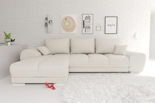 99rooms Antalya Ecksofa Creme, mit Ottomane Links | Cordstoff Poso, mit Schlaffunktion