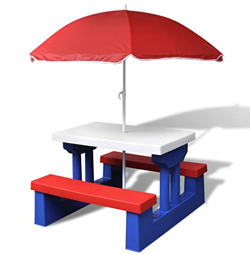 Foknhdi Table de pique-nique pour enfant avec bancs et parasol - 67 x 41 x 47 cm - Rouge, bleu, blanc - Acier PP - 2 en 1 - Table de jardin - Petite table de camping - Pour balcon, terrasse, jardin