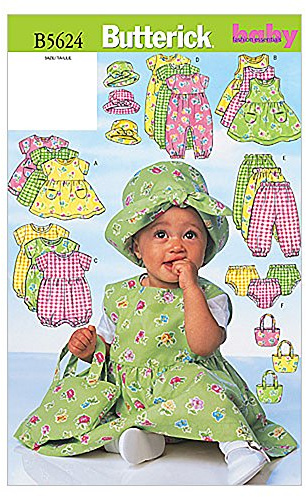 Butterick Patterns B5624 Size Large L-XL Infants Dress Jumper Romper Jumpsuit Panties Hat and Bag , Pack of 1, White