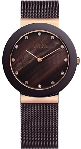 BERING 11435-262 Reloj de cuarzo para mujer con caja de acero inoxidable de 35 mm con acabado en oro rosa y esfera marrón, correa milanesa, cristal de zafiro y resistencia al agua de 5 ATM