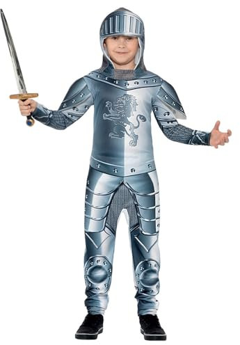 Smiffys Disfraz de caballero con armadura de lujo, Gris, con traje entero y adorno para la cabeza, estampado digital Halloween