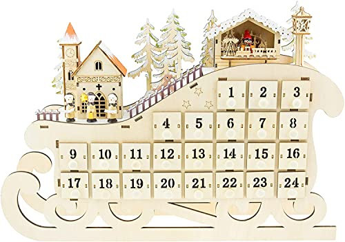Clever Creations - Schlitten-Adventskalender aus Holz mit Dorfmotiv - 24-Tage-Countdown bis Weihnachten - hochwertige Weihnachtsdeko - Holzkonstruktion mit beleuchteten Häusern - 28,6 cm