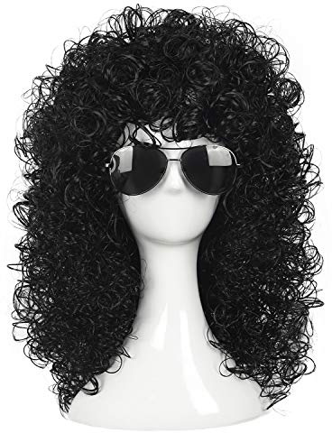 Yuehong Herren Lange Lockige Schwarze Afro Perücke 70er 80er Slash Perücke | Rock Style Disco Haare mit Hitzebeständigen Synthetischen Fasern
