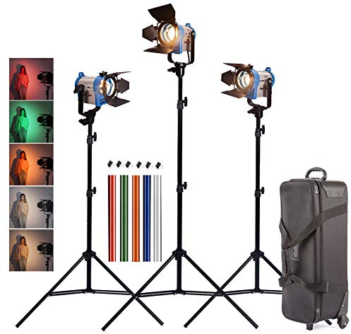 Photo Studio Fresnel Tungstène Spotlight 3x150W Vidéo Kit Mandarine Eclairage Continu Pro Projecteur, Support de Lumière, Valise, Filtre Gelatine Photo, Clips