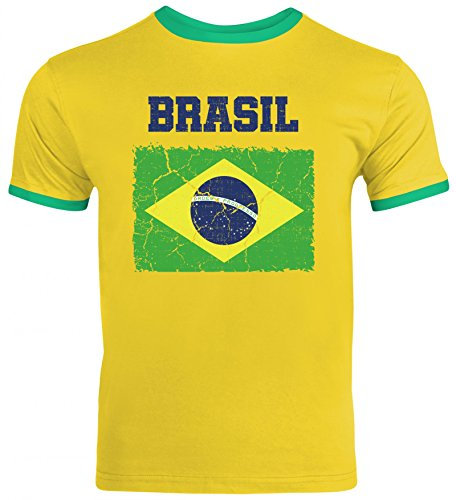 Brazil Brasilien Fußball WM Fanfest Gruppen Fan Herren Männer Ringer Trikot T-Shirt Wappen Brasil, Größe: XXL,Sunflower/Kelly Green