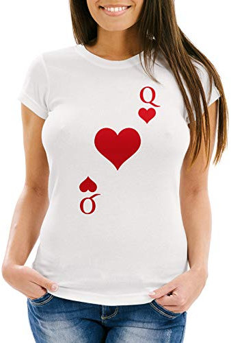 MoonWorks® Damen T-Shirt Kartenspiel Kostüm Spielkarten Gruppenkostüm Karten Fasching Karneval Faschingsshirt Herz Dame weiß S