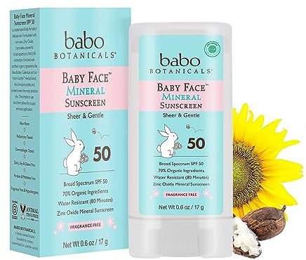Babo Botanicals Baby Face Mineral Sonnenschutz Stick LSF 50 mit 70+% organischen Inhaltsstoffen, 100% Zink aktiv, wasserabweisend, rifffreundlich, parfümfrei, geruchlos, 17 g