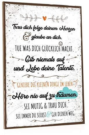 GRAVURZEILE Holzschild mit Spruch - Folge Deinem Herzen - Moderne Kunstdrucke auf Holz - Wand Dekoration im Vintage-Look Kunstdruck für Familie Freunde in Küche Home & Co