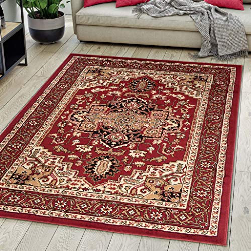 Carpeto Rugs Teppich Orientalisch Rot Klassisch Muster Kurzflor Öko-Tex Wohnzimmer 140 x 200 cm