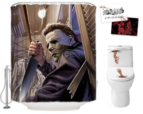 Halloween-Duschvorhang-Set für Badezimmer - Gruseliger böser Killer Michael Myers, Horrorfilm-Thema, Urlaub, Polyesterstoff, Dekoration mit Haken und WC-Aufklebern, 2 Postkarten, Party-Dekoration, 183