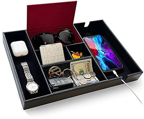 SUKKMORI Valet Tray for Men and Women - PU Leather Nightstand Organizer with 6 Compartments, Desk Catchall Tray for EDC, Keys