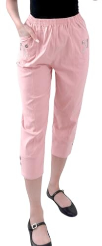 Crazy Fashion Mesdames Capri Trois Quarts Doux 3/4 Pantalons Dames Stretch Court Pull sur Taille Élastiquée Shorts Plus La Taille Pantalon D'été pour Femmes EUR (Pink, 22)