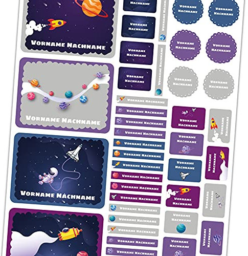 50 x Namensaufkleber mit Wunschname personalisiert Aufkleber Set mit Kinder Name Beschriftung Schule Kindergarten Kleidung Sticker wasserfest (17 Weltall)