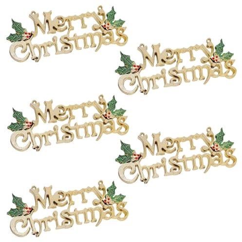 FARBEIR 5 PCS Gold Merry Christmas Hanging Sign - Glittery Ornaments for Tree, Wreath, Wall, Doors and Windows - Holiday Decorations Accessories