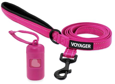 Voyager Reflektierende Hundeleine mit Neoprengriff und wiederverwendbarem Mesh Dispenser-Kotbeutel-Halter by Best Pet Supplies, Fuchsia, size M