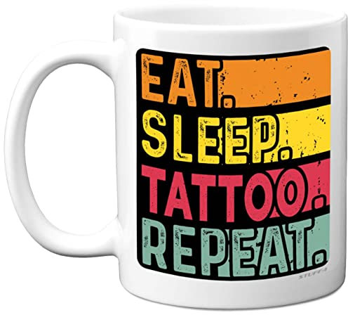 Birthday Mug Gifts for Men Women Him Her - Eat, Sleep, Tattoo, Repeat - Funny Happy Birthday Present Gift for Ink Tattooist Lovers, 11oz Ceramic Dishwasher Safe Premium Mugs