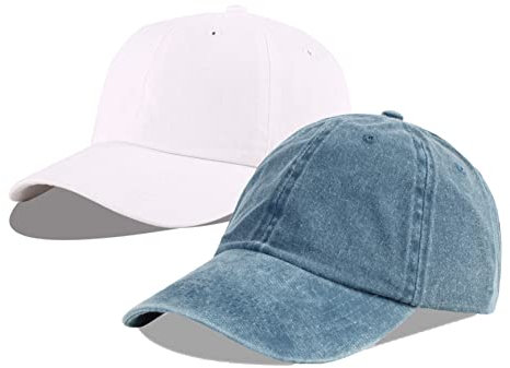 LANGZHEN Unisex Baseball Cap 100% Baumwolle Fits Männer Frauen Washed Denim Einstellbare Dad Hut (Denim Blue+Original Weiß)