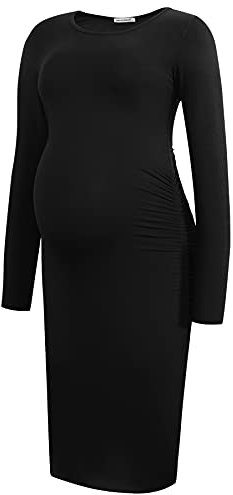 Smallshow Women's Long Sleeve Maternity Dress Ruched Pregnancy Clothes,Black,XL