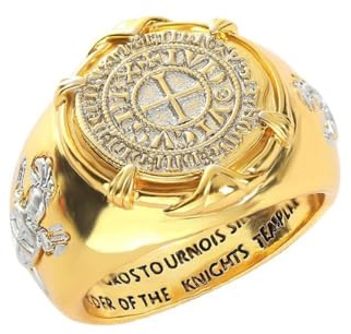 Valor Ring with Silver Coin, Knights Templar Rings for Men, Crusaders Rings, Retro Cross Totem Rings, Amulet Ring, 14K Gold Plated Coin Ring, Sword Shield Jewelry Gift for Men Boys (S)
