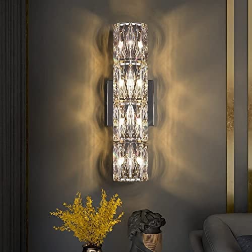 OOWOKS LED Wandleuchte Kristall Moderne Wandlampe Innen Dimmbar 3 Farbtemperatur Nachttischlampe Wand Kristalllampe Wohnzimmer Wandbeleuchtung Edelstahl Basis Wandlicht Schlafzimmer Bett Flur,Chrome