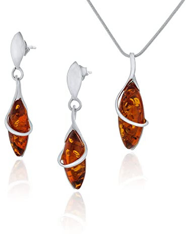Petit Ensemble de Dijoux Pour Femme Marquise, Argent Sterling 925 Finition Brillante, Ambre de la Baltique de Couleur Cognac, Pendentif Avec Chaîne et Boucles D'oreilles