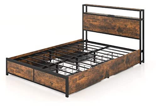 Multigot Double/King Size Bed Frames with Smart LED Lights, Metal Storage Bed Base with Charging Station & 4 Rolling Drawers, Industrial Slat Support Bedstead, No Box Spring Needed(220 x 157 x 102 cm)