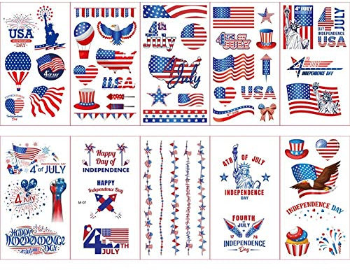 Dinntty Temporäre Tattoos zum 4. Juli, 10 Blatt, USA-Unabhängigkeitstag-Tattoo-Aufkleber, gemusterte Baby-Aufkleber mit amerikanischer Flagge