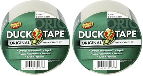 Duck Tape Original Clear, 50mm x 25m, Improved Formula High Strength Waterproof Gaffer and Duct Adhesive Cloth Repair Tape (Pack of 2)