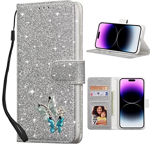 QLTYPRI Case for iPhone 15 Pro Max, Wallet Case Premium Glitter PU Leather TPU Bumper Card Holder [Wrist Strap] Inlaid Butterfly Diamond Flip Cover for iPhone 15 Pro Max - Silver Butterfly