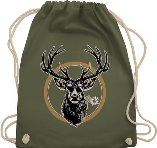Turnbeutel Rucksack - Kompatibel mit Oktoberfest Tasche - Cooler Hirsch Hirschgeweih Jäger - Unisize - Olivgrün - trachtenrucksack bayrische hirsche taschen trachtentaschen bayrisch lustige