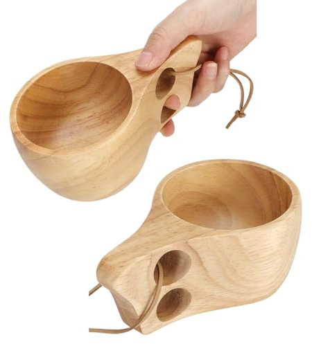 2 Stück Holz-Campingbecher, Kuksa Holz-Camp-Becher Mit Lederband, Nordischer Stil, Holzbecher, Trinkbecher, Tragbares Wandergeschirr