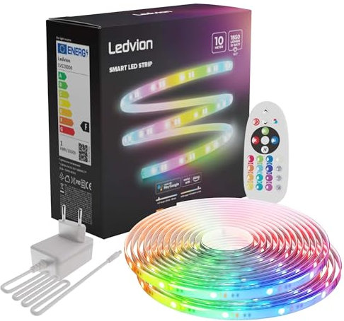 Ledvion - SMART LED-Streifen Dimaar 10M, RGB, 12V, 12W, inkl. Fernbedienung, 60 LEDs/m, kürzbar bis 20cm