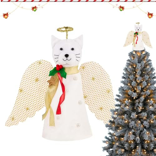 25.4cm Katze Weihnachtsbaumspitze,Entzückende Engel-Katzen-Baumspitzen-Weihnachtsdekorationen, Kreative Sternbänder, Rote Beeren, Weihnachtliche Katzendekoration Für Feiertagspartys