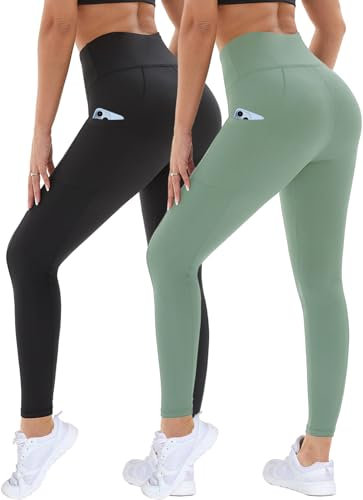 DDOBB 2er Pack Sport Leggings Damen High Waist Sportleggins Damen Lang Mit Taschen Gym Leggins Blickdicht Schwarz Sporthose Elastische Bauchweg Yogahose Fitness Laufhose(Schwarz+Grün,L-XL)