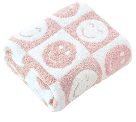 Ultraweiche, gemütliche, fröhlich lächelndes Gesicht, karierte Strickdecke, flauschige Mikrofaser, Schachbrett-Bettdecke, leicht, beidseitig verwendbar, für Couch, Sofa, Bett (Smile Pink, Überwurf 127