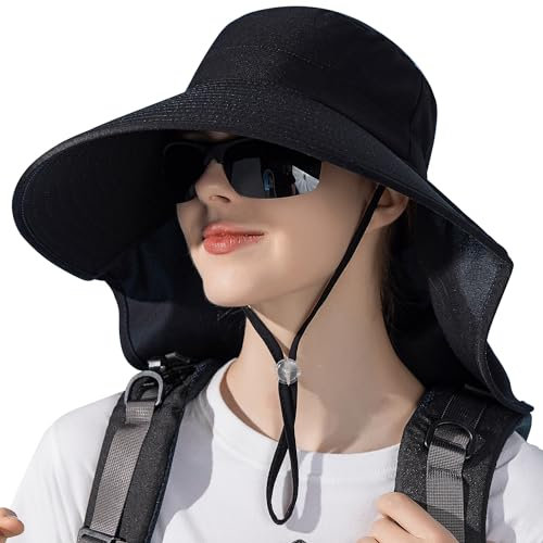 WANYI Sonnenhut Damen mit Nackenschutz Breite Krempe Sommer Sonnenschutz Hut Outdoor Wanderhut UV Schutz Fischerhut mit Pferdeschwanz-Loch für Angler, Garten, Sandstrand 55-60CM(Schwarz)
