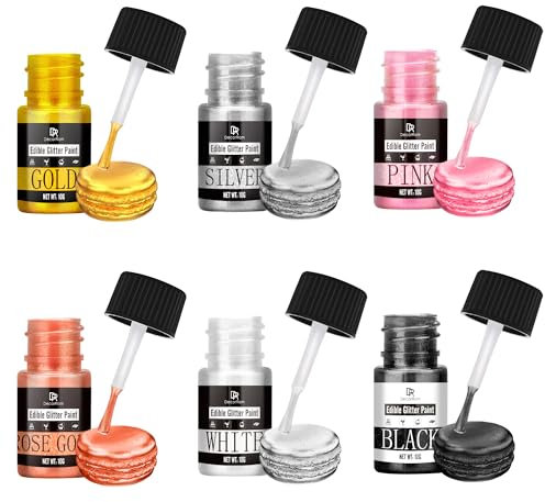 Edible Glitter Paint Set - 6 Colours Metallic Edible Cake Paint for Cake Decorating, Baking, Cupcakes, Candy - Food Grade Shimmer Art Decorative Paint Liquid Luster Dust for Cookie, Fondant, Donuts