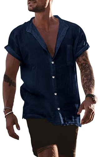 YAOBAOLE Grandad Shirts for Men Short Sleeve Mens Linen Beach Shirt Casual Men Shirt Navy M
