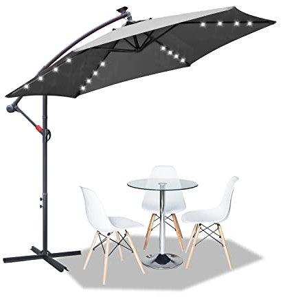 Tubiaz Parasol déporté solaire à LED - 350 cm - Avec manivelle en aluminium - Avec support - Protection UV - Imperméable - Pour balcon jardin terrasse - Gris