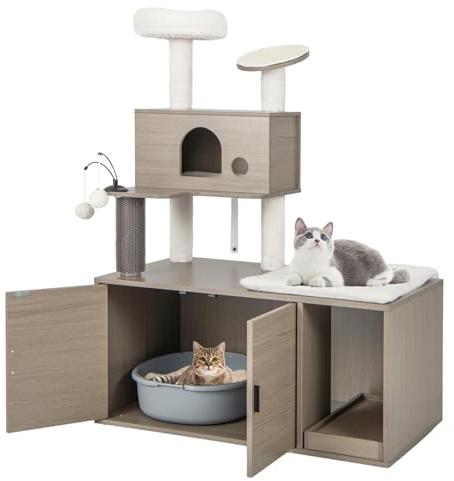 GYMAX Arbre à Chat à 4 Niveaux avec Armoire pour Bac à Litière, Maison pour Chat avec Perchoir Supérieur & Condo avec Coussins & Planche et Tapis à Gratter Amovibles, Tour pour Chat 132CM