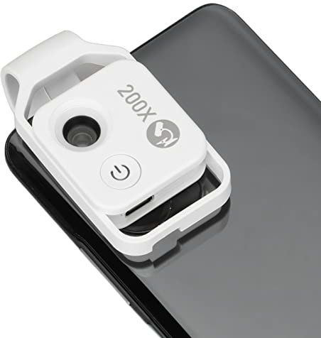 Mini Microscope de Poche pour téléphone 200X avec lumière LED, Appareil Photo Microscope numérique Portable avec Clip Universel pour téléphone Portable (White)